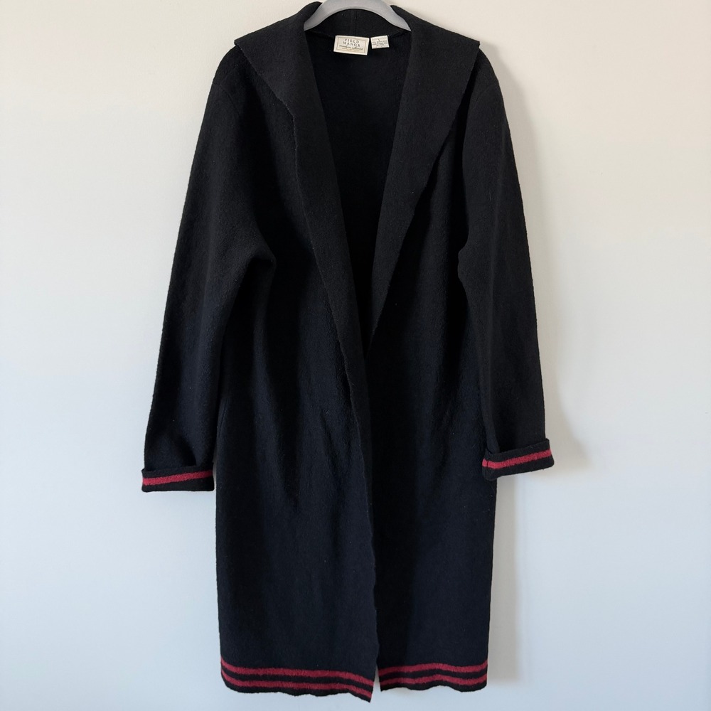 Field Manor 100%‎ Merino Wool Cardigan Sweater Black Longline Duster L Vintage